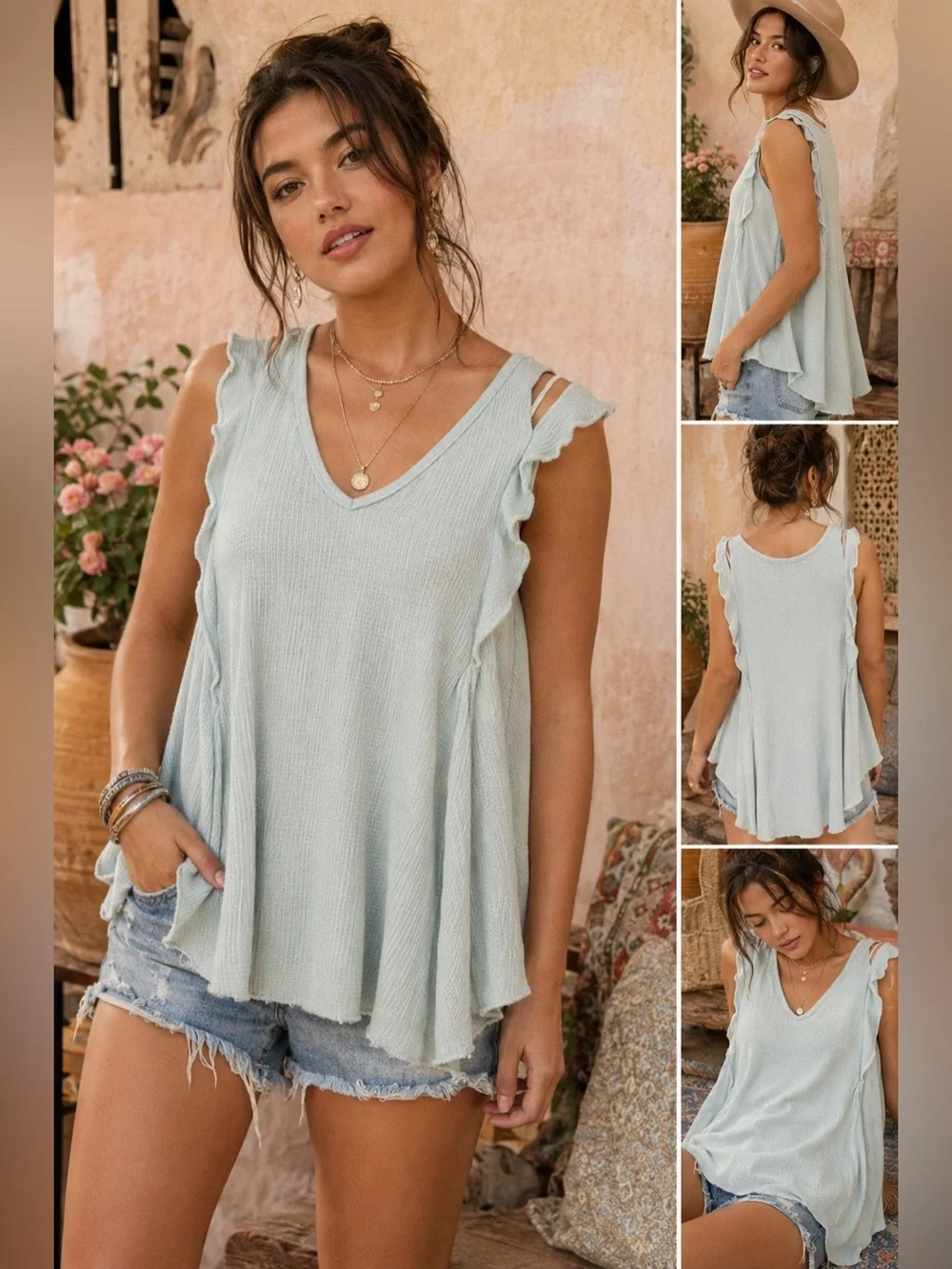 Free People Bondi Waffle Knit Tank Seafoam Green Ruffle Tunic Top Small